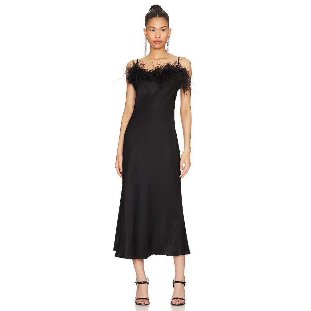 Sleeper Boheme Slip Dress With Feathers Black Womens Size XS